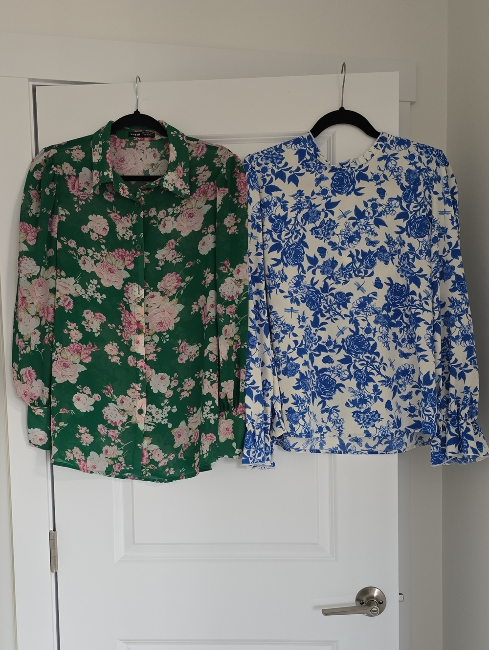 2 Floral Blouses - Green and Pink and Blue and White - 2 pieces